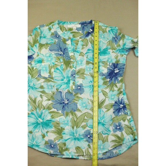 Ecco Bay Sz M Womens Linen/Rayon Tunic Shirt V-neck Roll Tab Pockets Floral EUC - Picture 9 of 10
